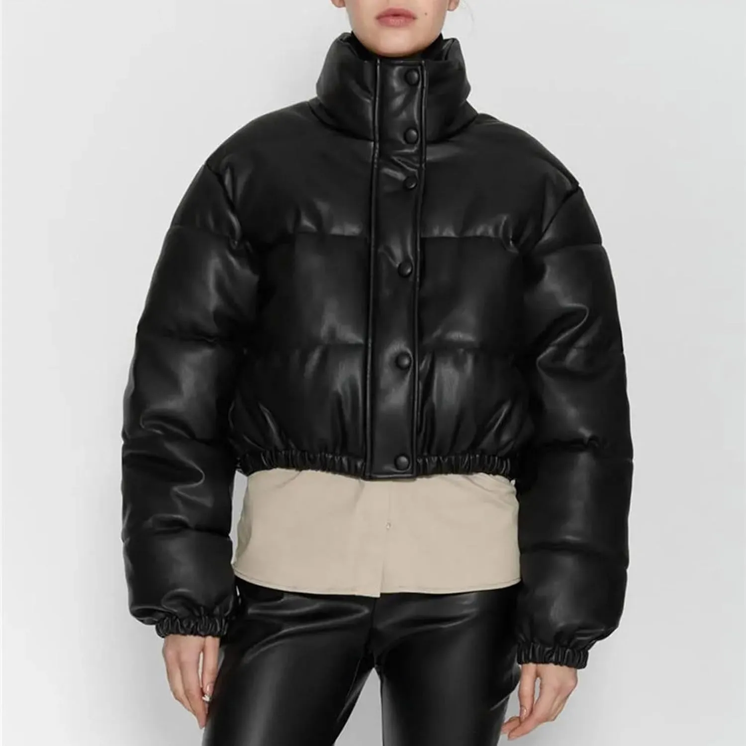 Womens Cropped Leather Puffer Jackets Stand Collar Thickened Down Jackets Warm Winter Coats Quilted Lightweight Jackets