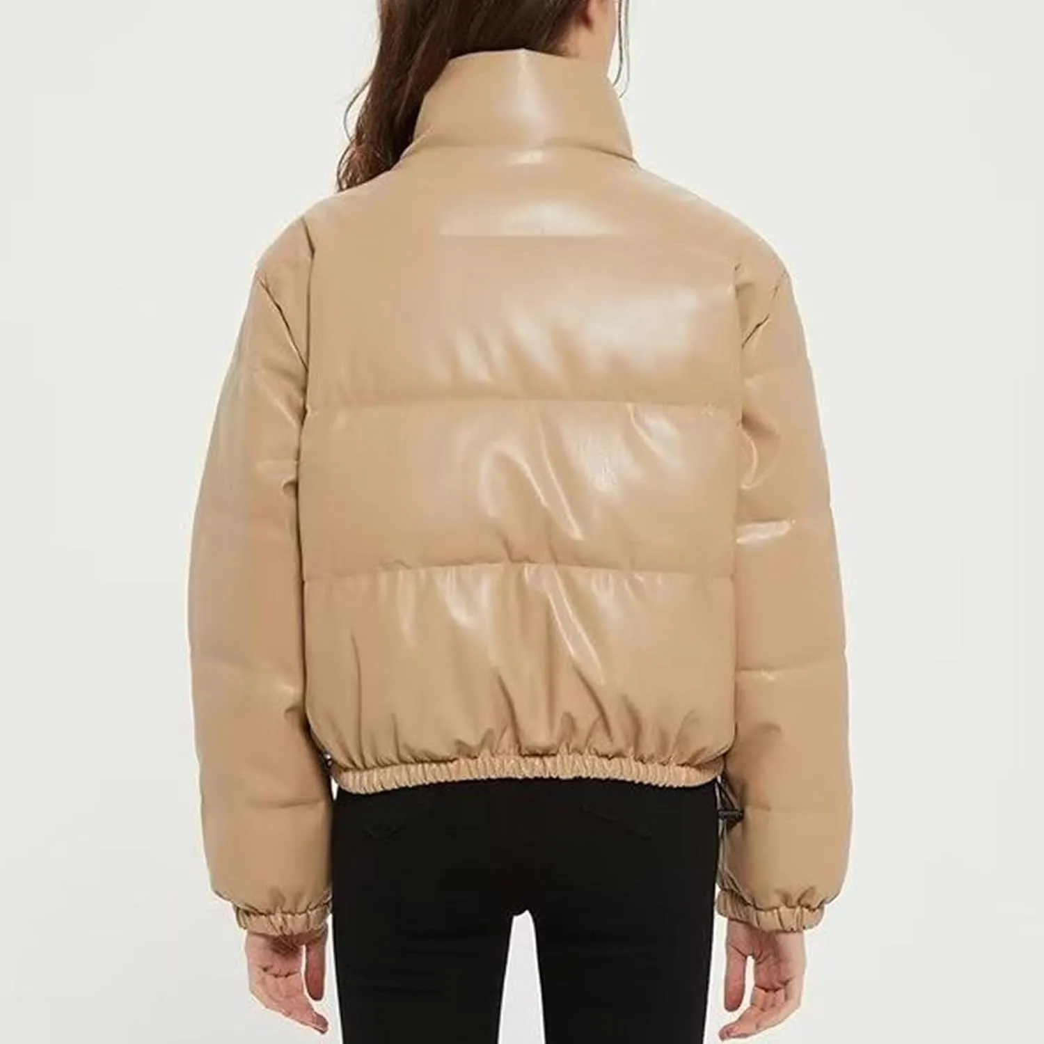 Womens Cropped Leather Puffer Jackets Stand Collar Thickened Down Jackets Warm Winter Coats Quilted Lightweight Jackets