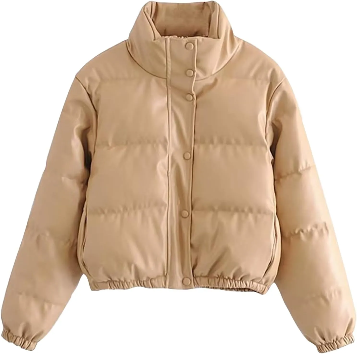 Womens Cropped Leather Puffer Jackets Stand Collar Thickened Down Jackets Warm Winter Coats Quilted Lightweight Jackets