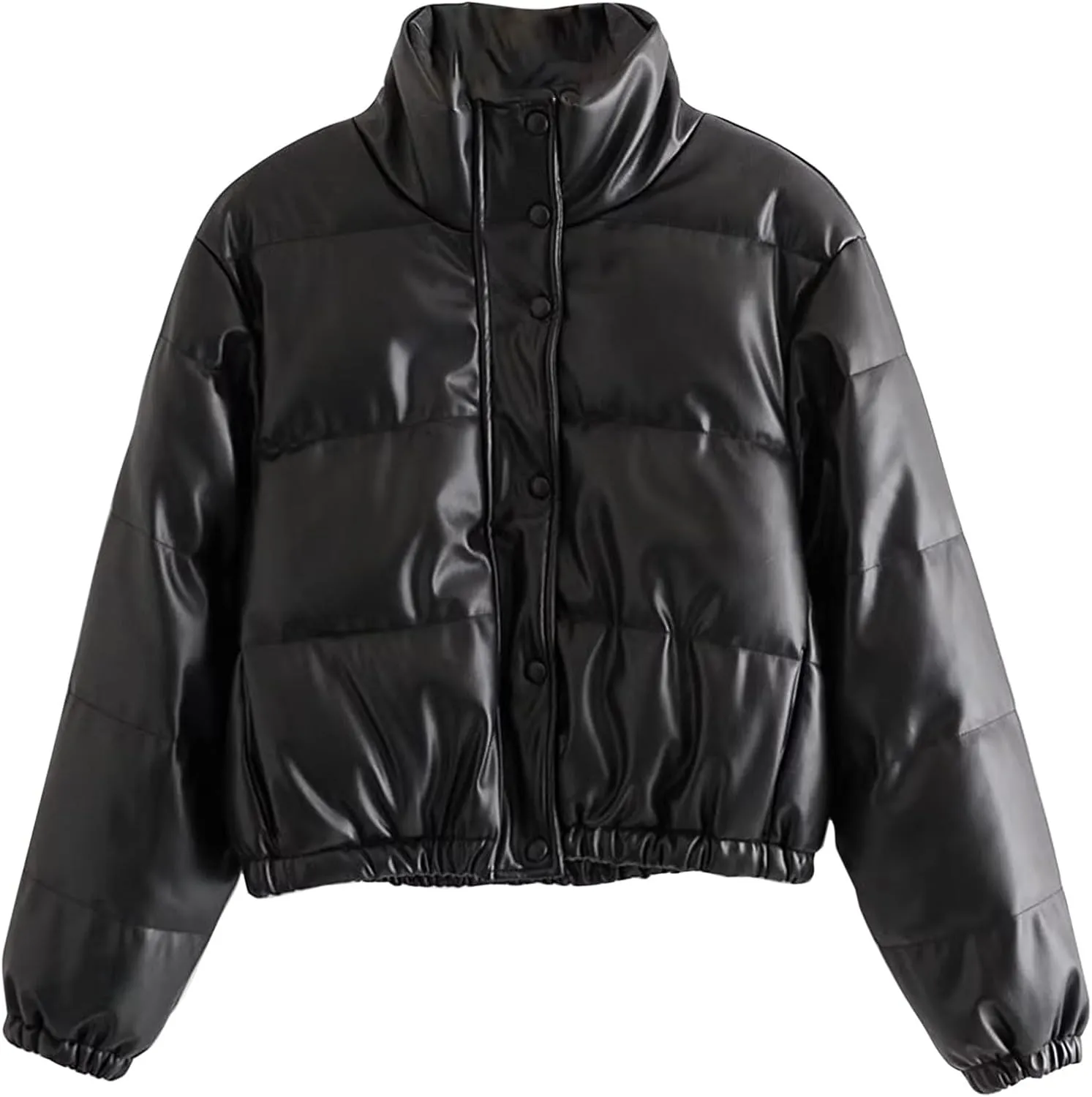 Womens Cropped Leather Puffer Jackets Stand Collar Thickened Down Jackets Warm Winter Coats Quilted Lightweight Jackets