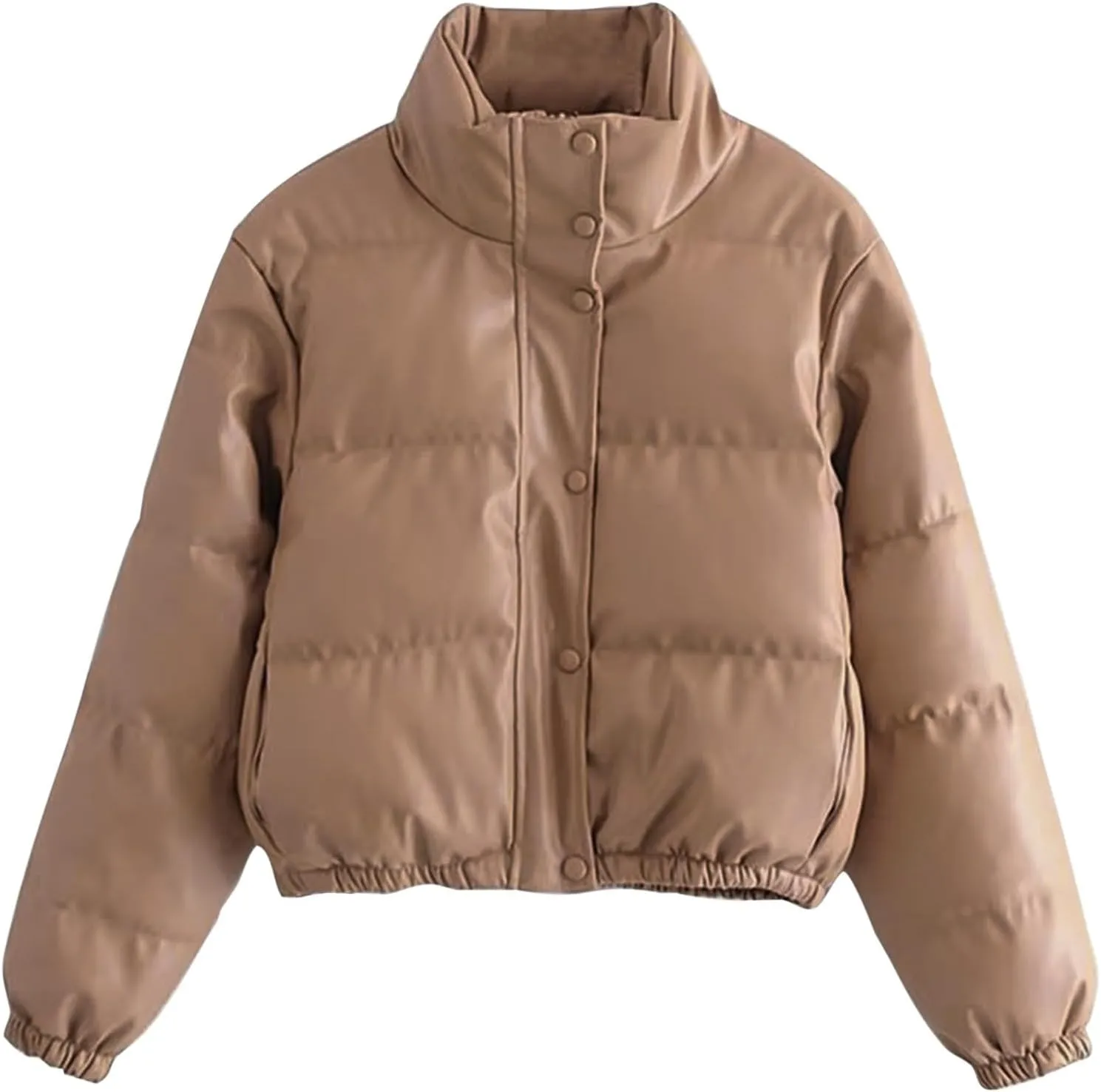 Womens Cropped Leather Puffer Jackets Stand Collar Thickened Down Jackets Warm Winter Coats Quilted Lightweight Jackets