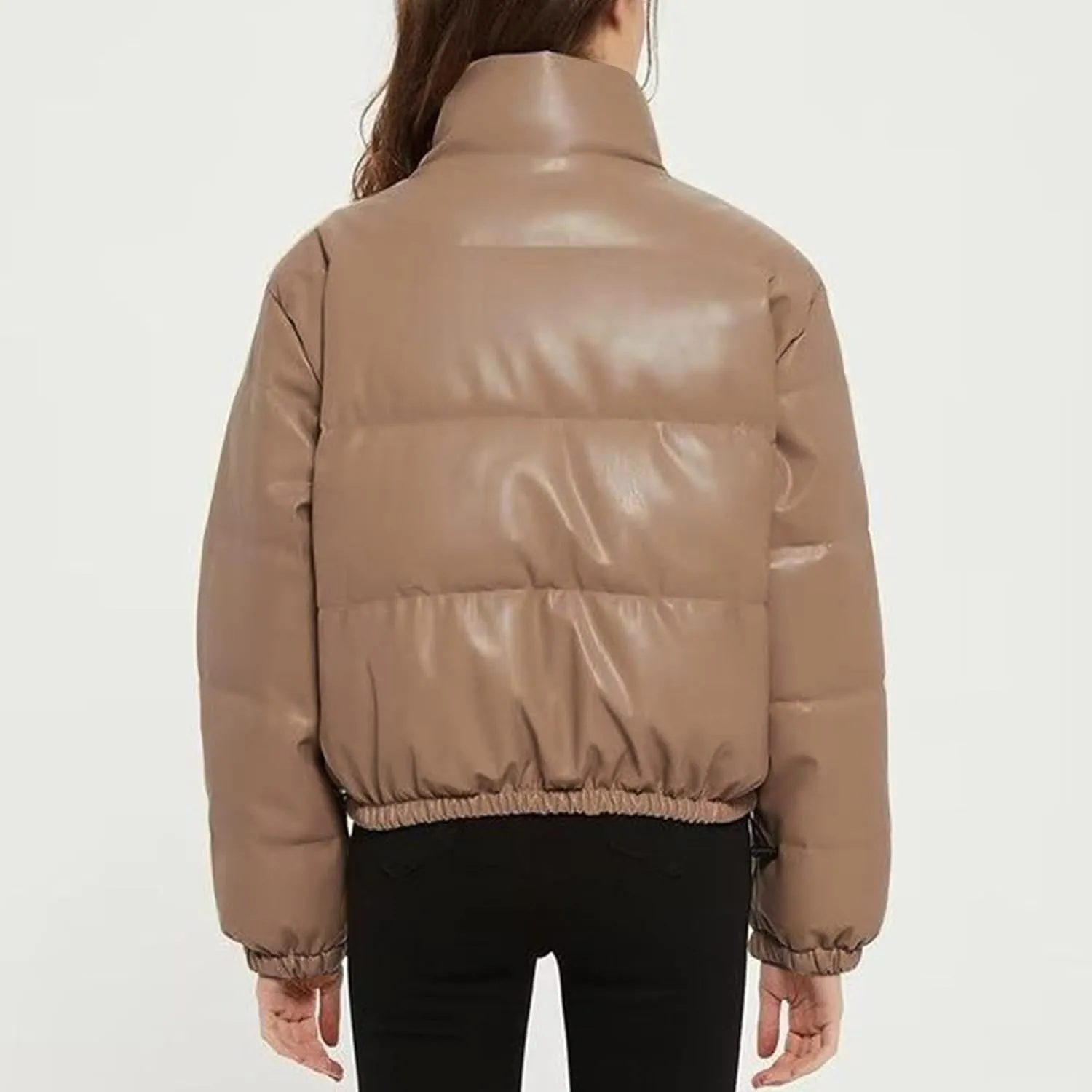 Womens Cropped Leather Puffer Jackets Stand Collar Thickened Down Jackets Warm Winter Coats Quilted Lightweight Jackets