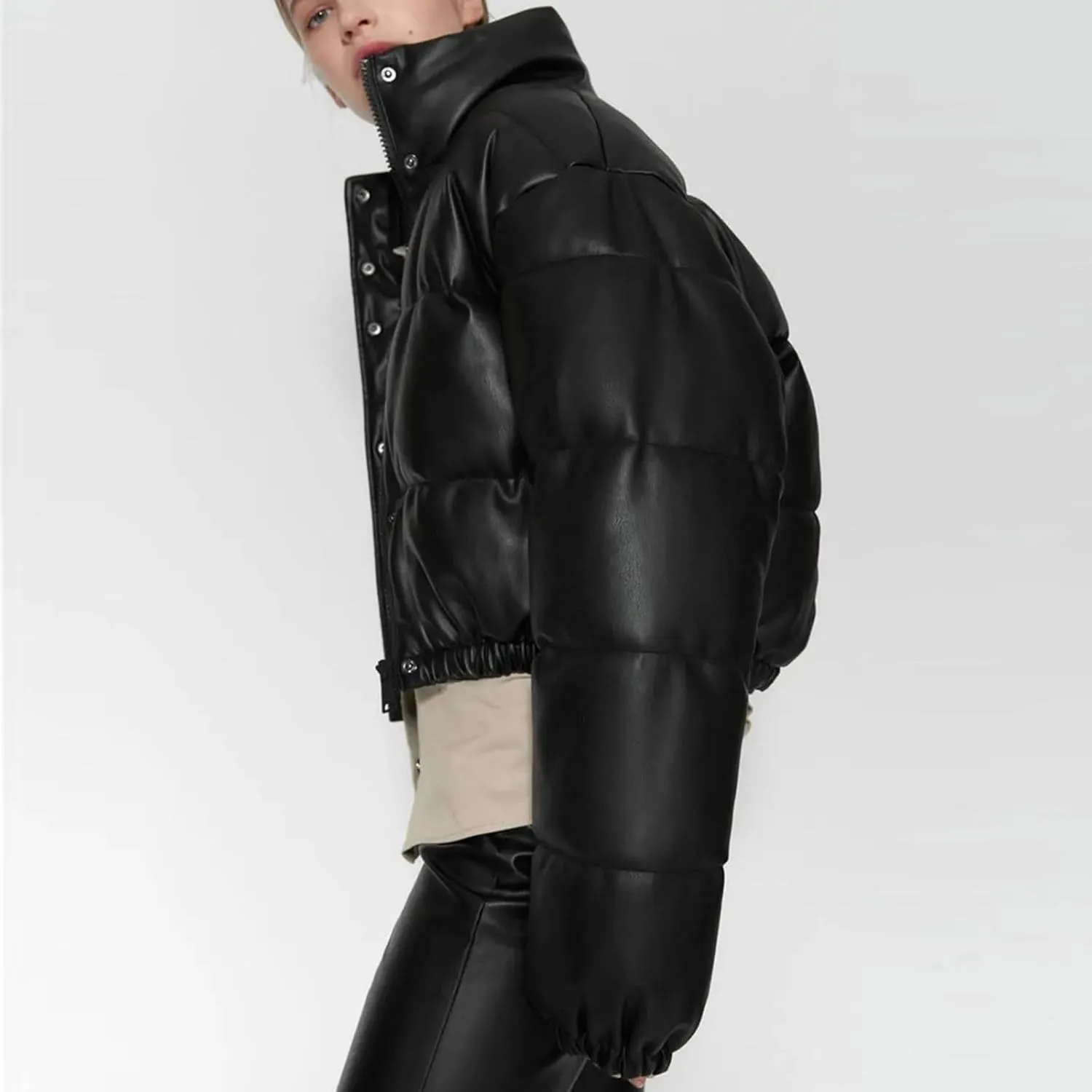 Womens Cropped Leather Puffer Jackets Stand Collar Thickened Down Jackets Warm Winter Coats Quilted Lightweight Jackets
