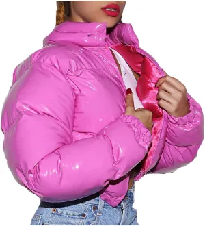 Womens Cropped Puffer Jacket Winter Pink Sequin Parka Down Puffy Womens Bubble Coat Casual Y2K Cropped Loose Padded Coat (Pink#01, M)