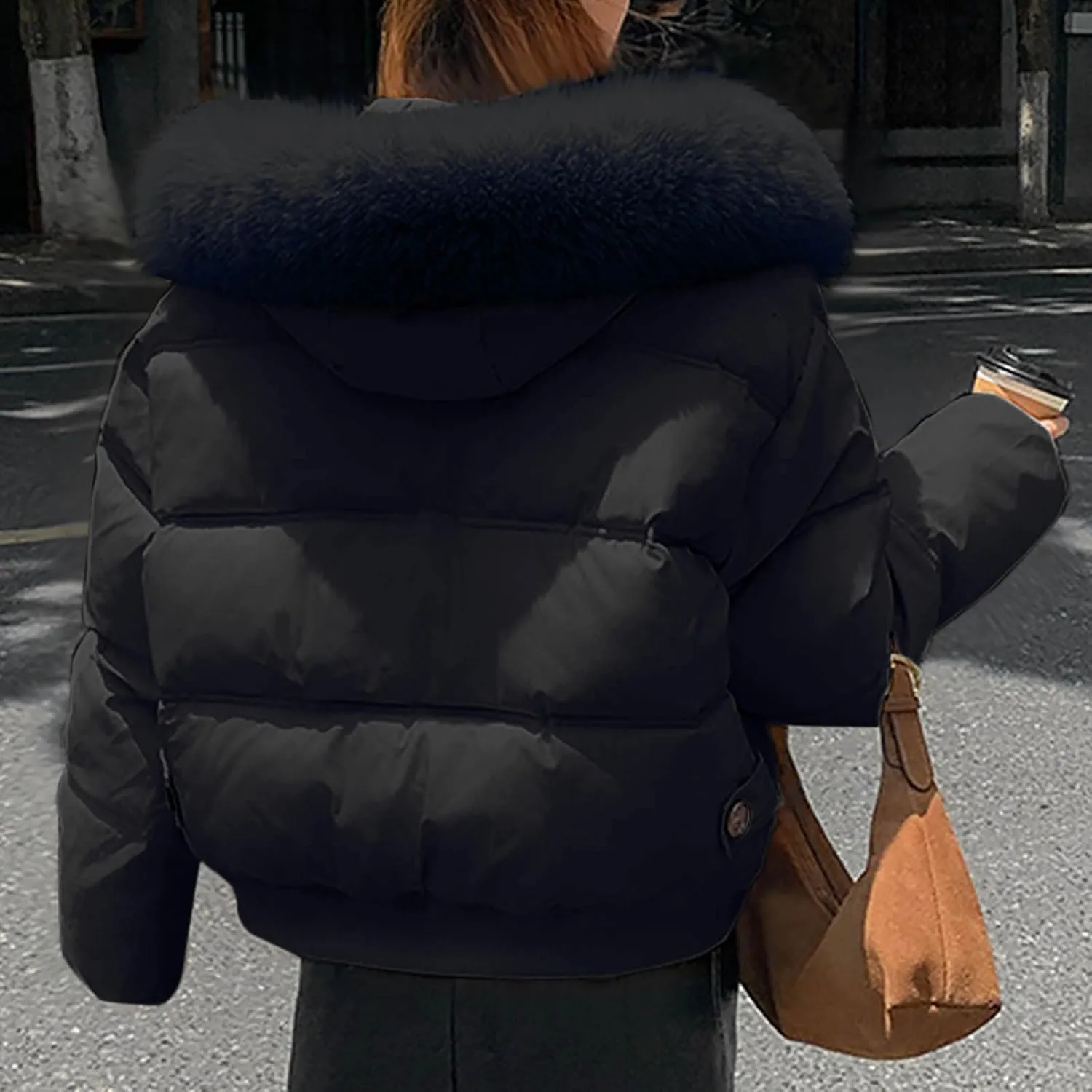 Womens Cropped Puffer Jacket Zip Up Down Jackets With Faux Fur Hood 2024 Winter Warm Coat Short Quilted Waterproof Coat