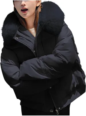 Womens Cropped Puffer Jacket Zip Up Down Jackets With Faux Fur Hood 2024 Winter Warm Coat Short Quilted Waterproof Coat