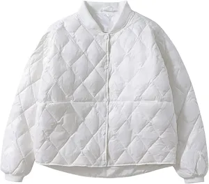 Women's Diamond Quilted Bomber Jacket Lightweight Button Down Cropped Loose Padded Coat Winter Casual Warm Outerwear