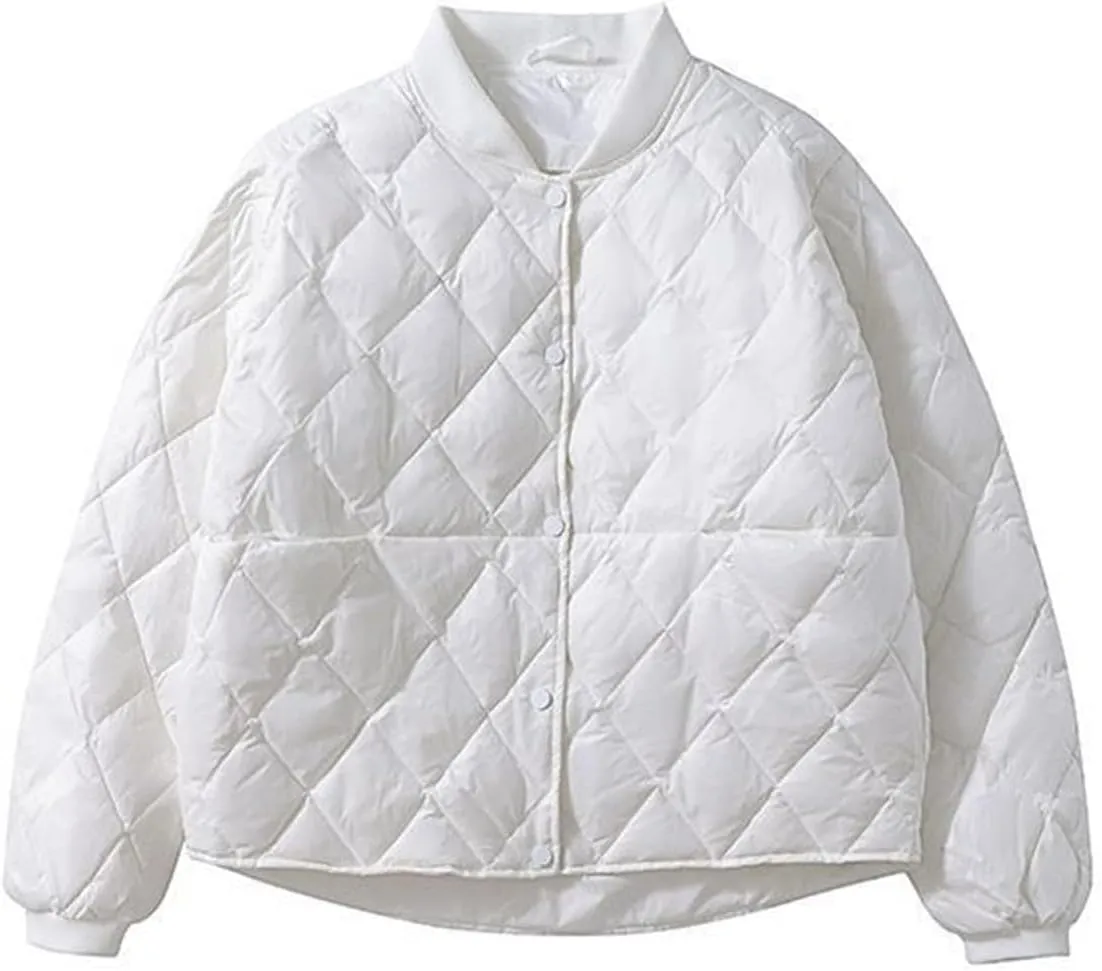 Women's Diamond Quilted Bomber Jacket Lightweight Button Down Cropped Loose Padded Coat Winter Casual Warm Outerwear