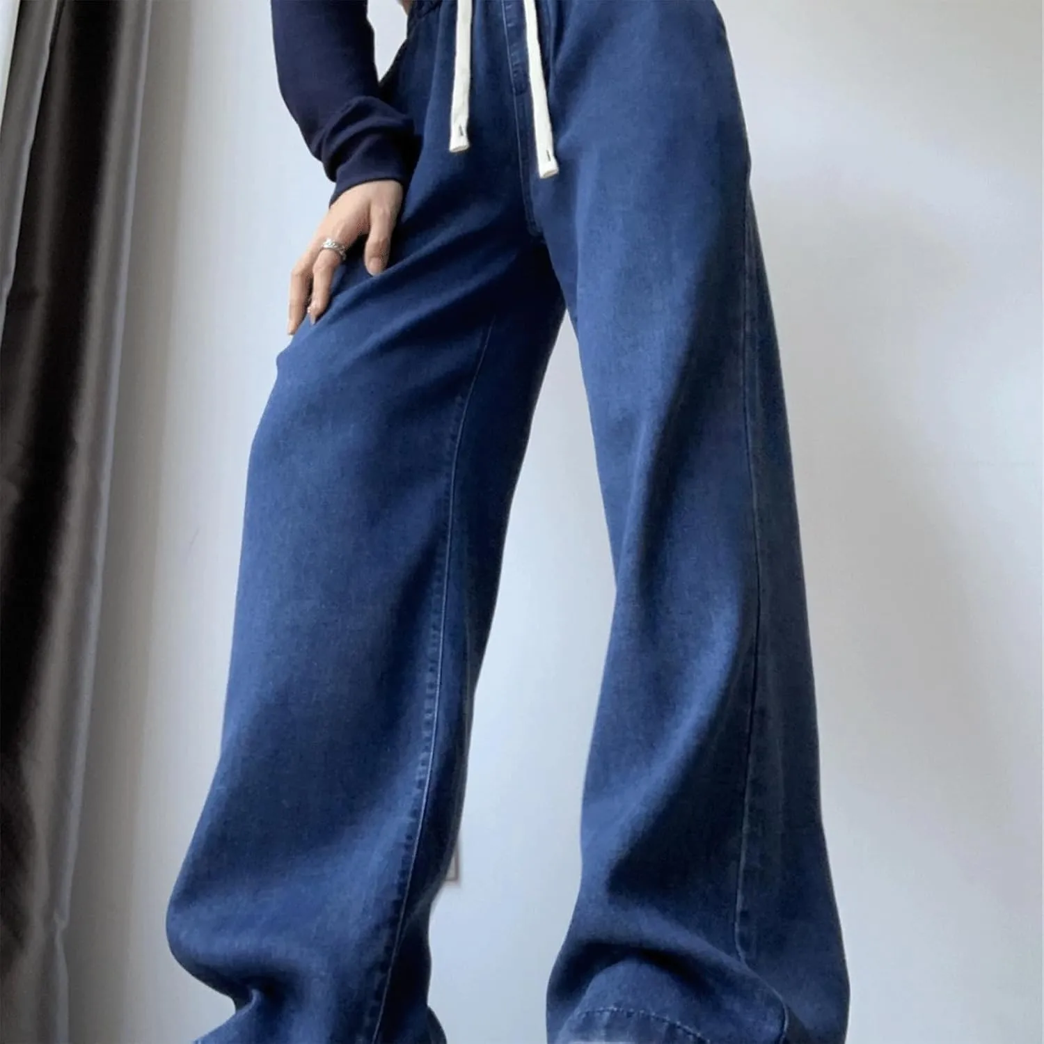 Women's Drawstring Jeans High Waisted Loose Fit Denim Pants Straight Leg Jeans Trendy Pockets Loose Wide Leg Pants
