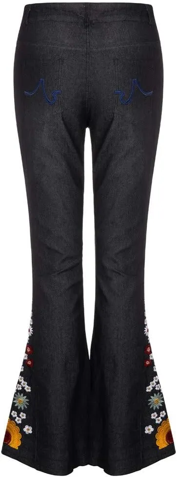 Women's Embroidered Bell Bottom Pants - Bootcut Flare Jeans with Button Fly - 70S Vintage Y2K Style
