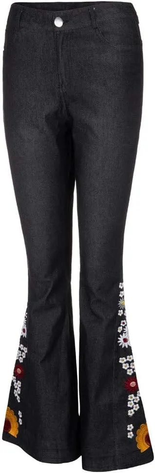 Women's Embroidered Bell Bottom Pants - Bootcut Flare Jeans with Button Fly - 70S Vintage Y2K Style