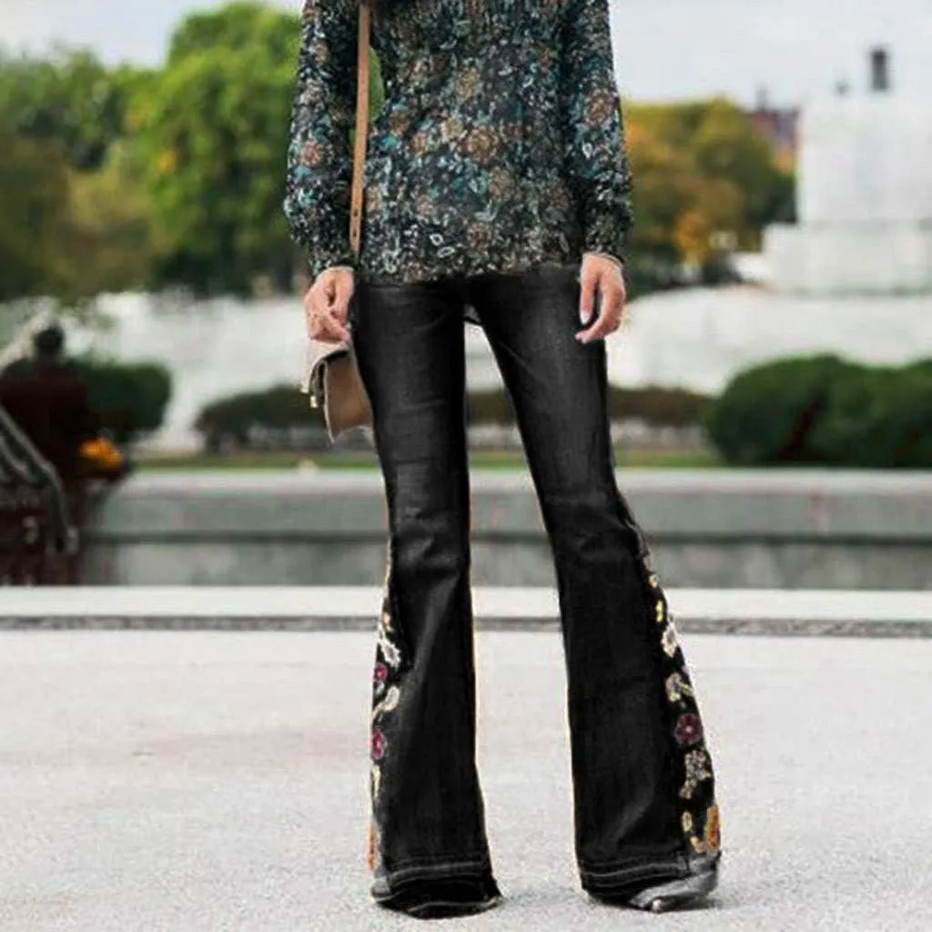 Women's Embroidered Bell Bottom Pants - Bootcut Flare Jeans with Button Fly - 70S Vintage Y2K Style