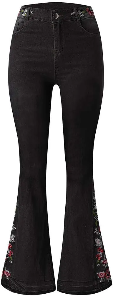 Women's Embroidered Bell Bottom Pants - Bootcut Flare Jeans with Button Fly - 70S Vintage Y2K Style