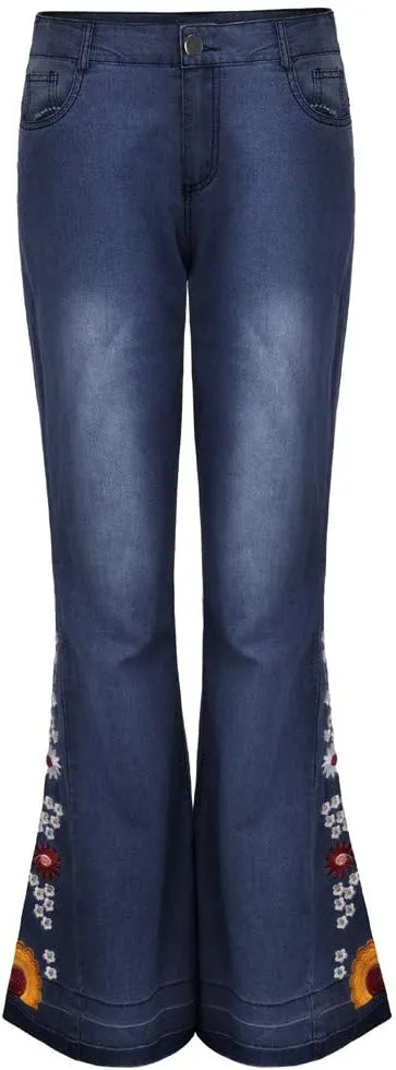 Women's Embroidered Bell Bottom Pants - Bootcut Flare Jeans with Button Fly - 70S Vintage Y2K Style