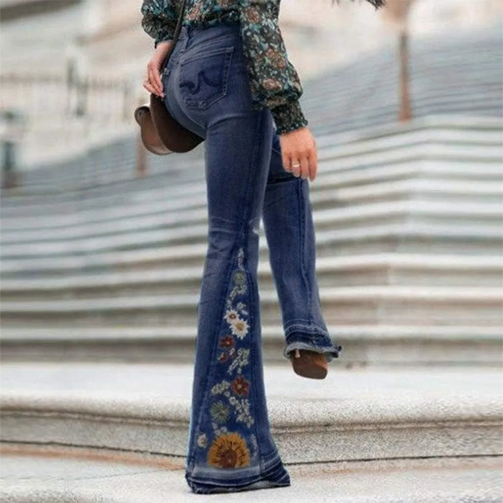 Women's Embroidered Bell Bottom Pants - Bootcut Flare Jeans with Button Fly - 70S Vintage Y2K Style