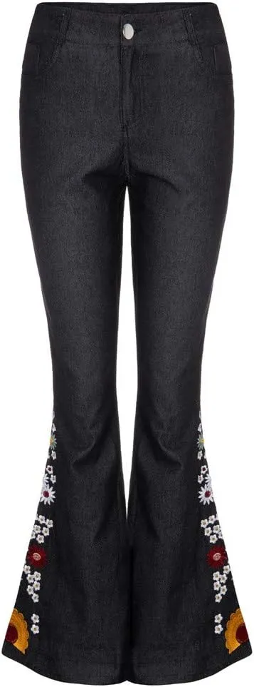 Women's Embroidered Bell Bottom Pants - Bootcut Flare Jeans with Button Fly - 70S Vintage Y2K Style