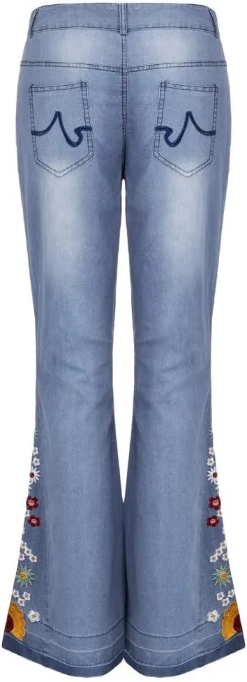 Women's Embroidered Bell Bottom Pants - Bootcut Flare Jeans with Button Fly - 70S Vintage Y2K Style