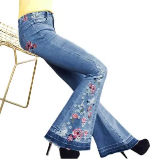 Women's Embroidered Bell Bottom Pants - Bootcut Flare Jeans with Button Fly - 70S Vintage Y2K Style