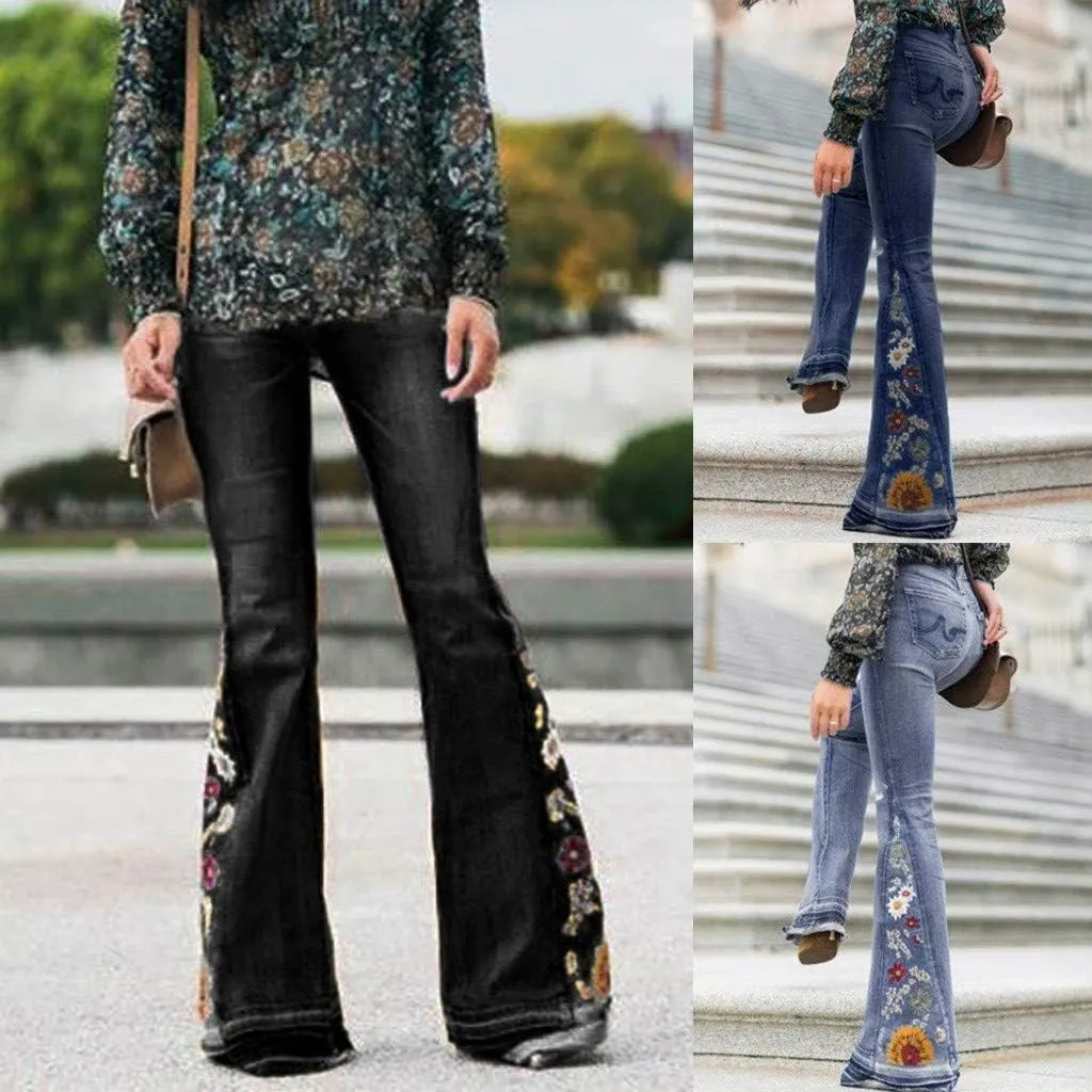 Women's Embroidered Bell Bottom Pants - Bootcut Flare Jeans with Button Fly - 70S Vintage Y2K Style