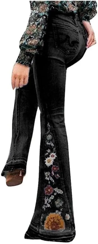 Women's Embroidered Bell Bottom Pants - Bootcut Flare Jeans with Button Fly - 70S Vintage Y2K Style