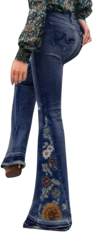 Women's Embroidered Bell Bottom Pants - Bootcut Flare Jeans with Button Fly - 70S Vintage Y2K Style