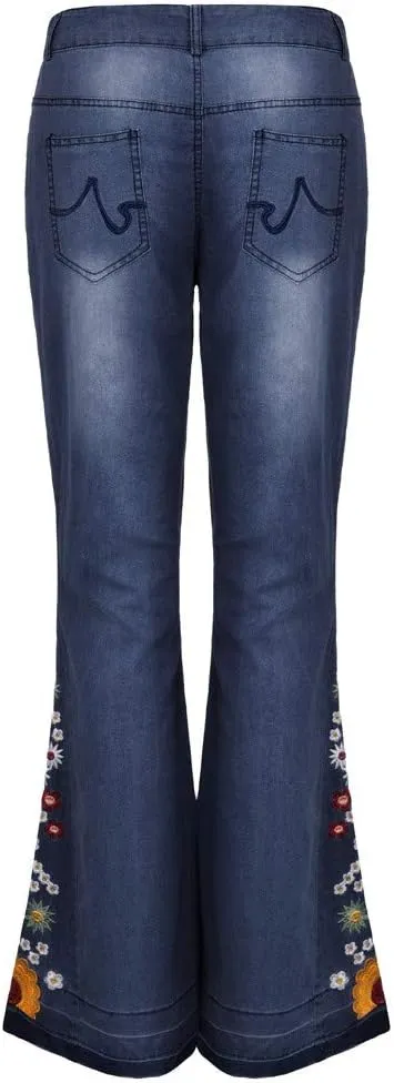 Women's Embroidered Bell Bottom Pants - Bootcut Flare Jeans with Button Fly - 70S Vintage Y2K Style