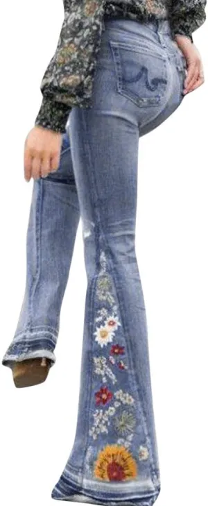 Women's Embroidered Bell Bottom Pants - Bootcut Flare Jeans with Button Fly - 70S Vintage Y2K Style