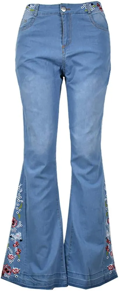 Women's Embroidered Bell Bottom Pants - Bootcut Flare Jeans with Button Fly - 70S Vintage Y2K Style