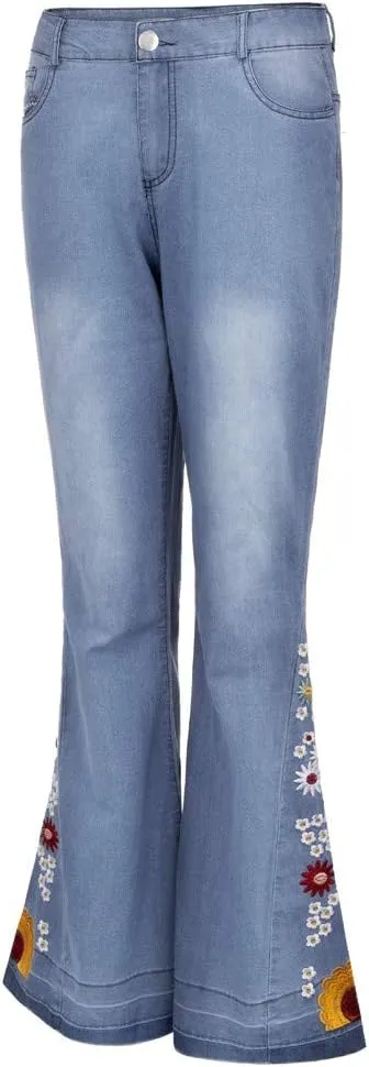 Women's Embroidered Bell Bottom Pants - Bootcut Flare Jeans with Button Fly - 70S Vintage Y2K Style