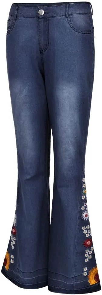 Women's Embroidered Bell Bottom Pants - Bootcut Flare Jeans with Button Fly - 70S Vintage Y2K Style