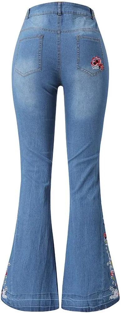 Women's Embroidered Bell Bottom Pants - Bootcut Flare Jeans with Button Fly - 70S Vintage Y2K Style