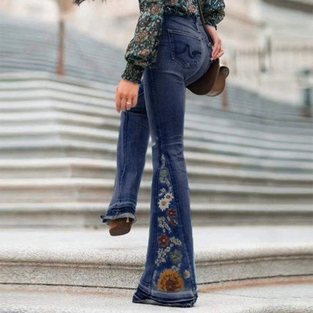 Women's Embroidered Bell Bottom Pants - Bootcut Flare Jeans with Button Fly - 70S Vintage Y2K Style