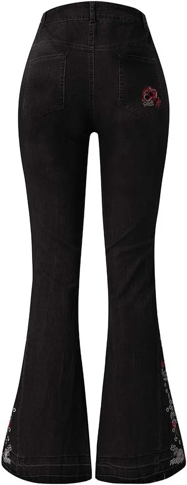 Women's Embroidered Bell Bottom Pants - Bootcut Flare Jeans with Button Fly - 70S Vintage Y2K Style