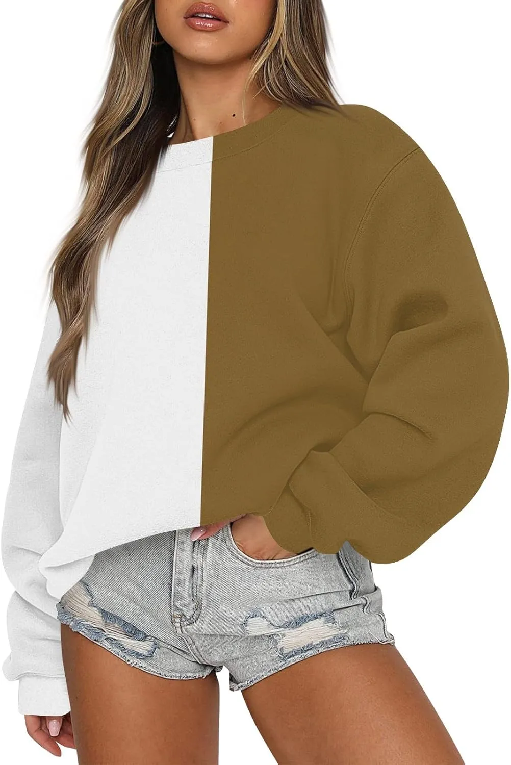 Womens Fall Sweatshirts Dressy Casual Crewneck Striped Color Block Pullover Lightweight Crop Sweatshirts Winter Tops