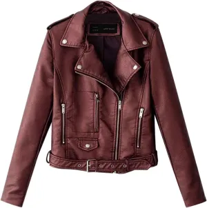 Women's Faux Leather Moto Biker Jacket Classic Asymmetrical Motorcycle Jacket Short Pu Slim Coat Zipper Cropped Jacket