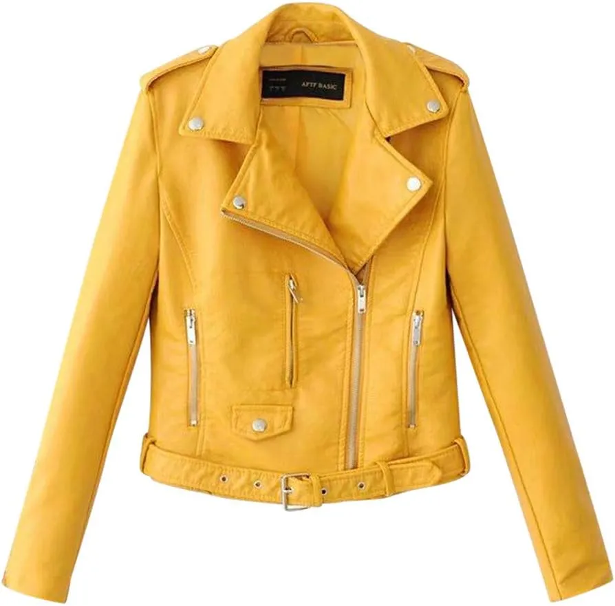 Women's Faux Leather Moto Biker Jacket Classic Asymmetrical Motorcycle Jacket Short Pu Slim Coat Zipper Cropped Jacket