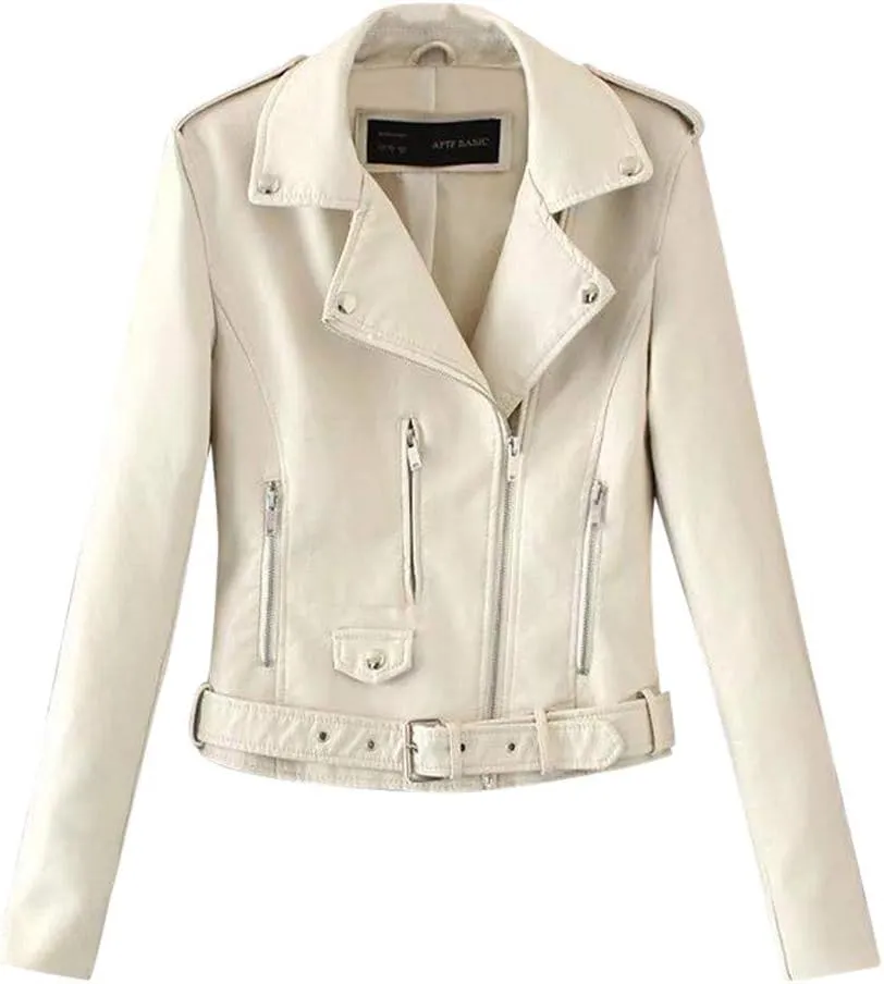 Women's Faux Leather Moto Biker Jacket Classic Asymmetrical Motorcycle Jacket Short Pu Slim Coat Zipper Cropped Jacket