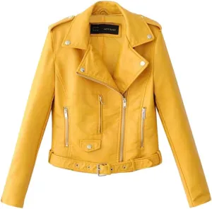 Women's Faux Leather Moto Biker Jacket Classic Asymmetrical Motorcycle Jacket Short Pu Slim Coat Zipper Cropped Jacket