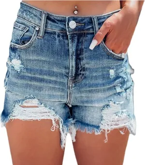 Women's High Waisted Denim Shorts Casual Summer Frayed Raw Hem Distressed Ripped Short Jeans Stretch Hot Short Pant