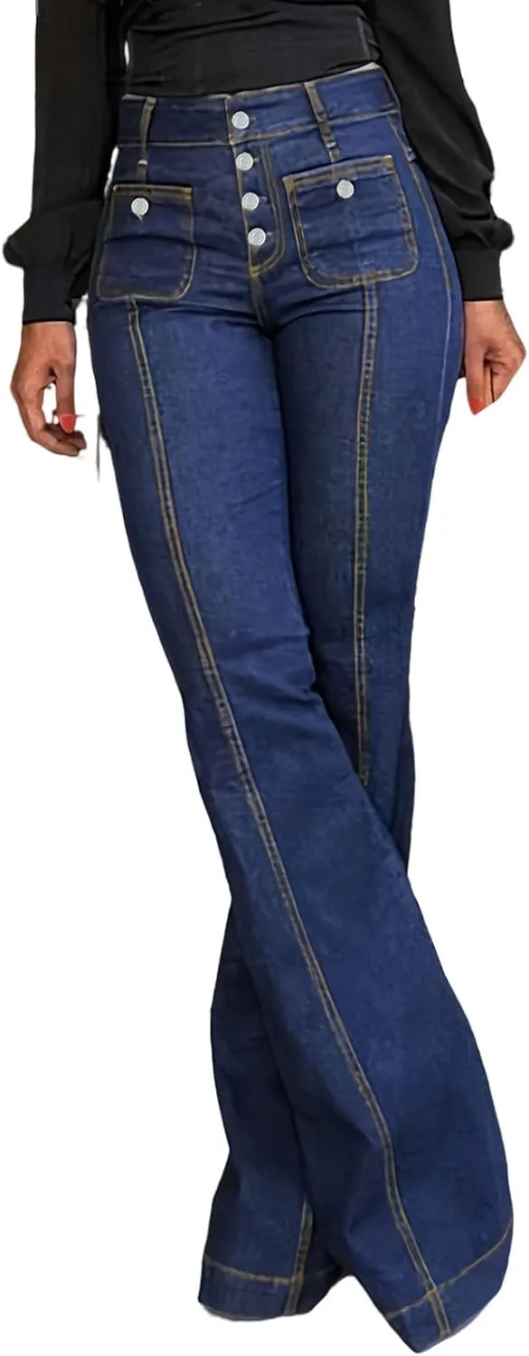 Women's High Waisted Jeans Wide Leg Button Fly Bell Bottoms Flared Stretch Denim Pants