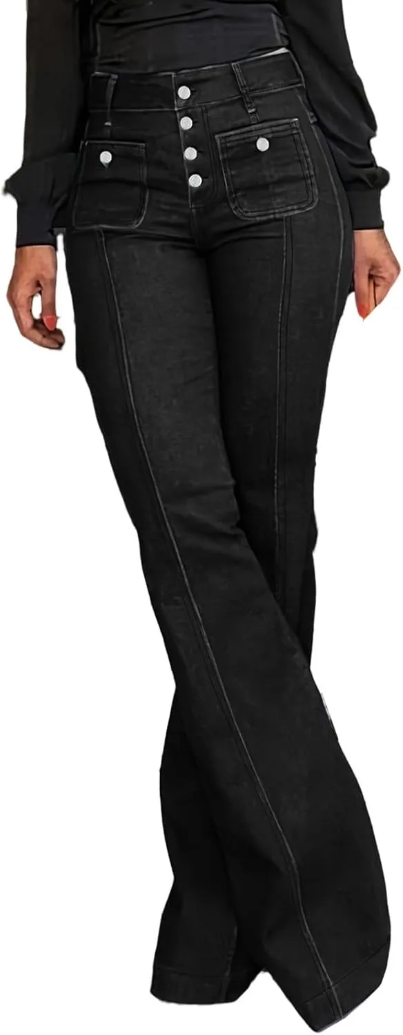 Women's High Waisted Jeans Wide Leg Button Fly Bell Bottoms Flared Stretch Denim Pants