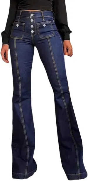 Women's High Waisted Jeans Wide Leg Button Fly Bell Bottoms Flared Stretch Denim Pants