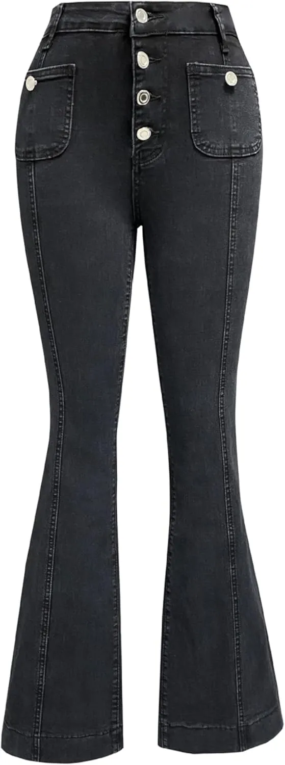 Women's High Waisted Jeans Wide Leg Button Fly Bell Bottoms Flared Stretch Denim Pants