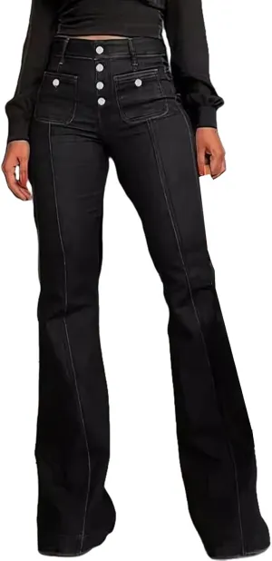 Women's High Waisted Jeans Wide Leg Button Fly Bell Bottoms Flared Stretch Denim Pants