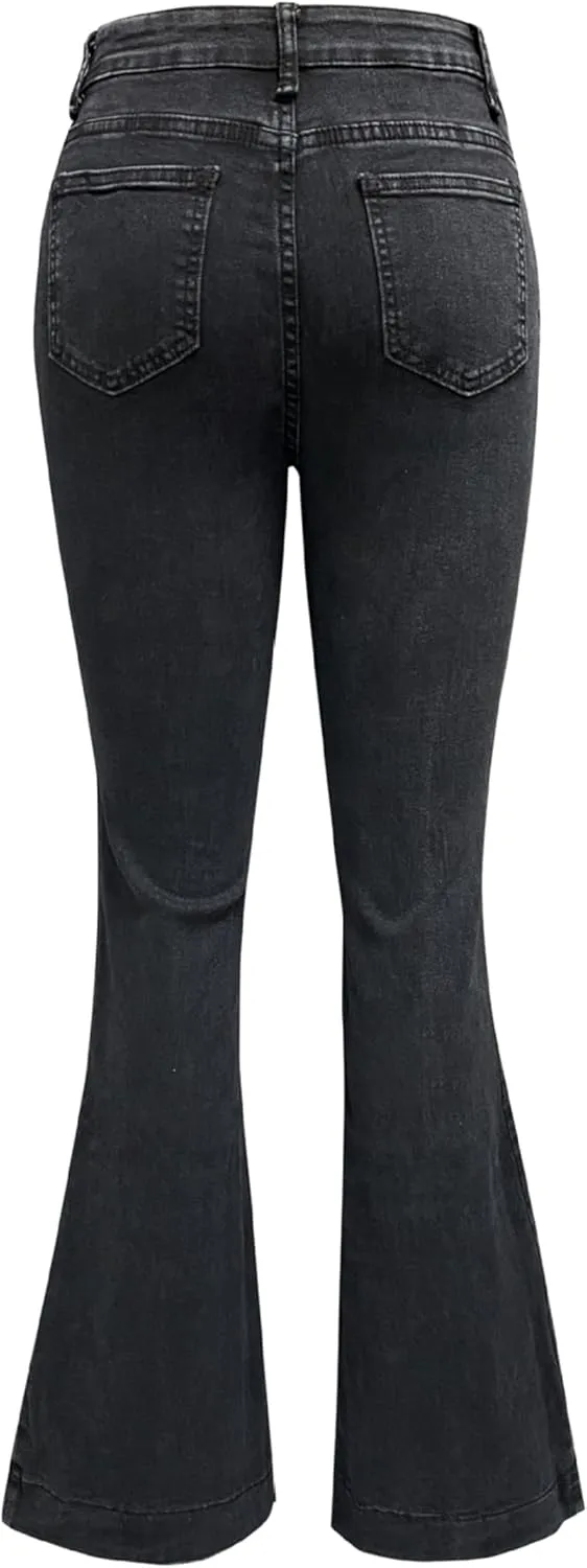 Women's High Waisted Jeans Wide Leg Button Fly Bell Bottoms Flared Stretch Denim Pants
