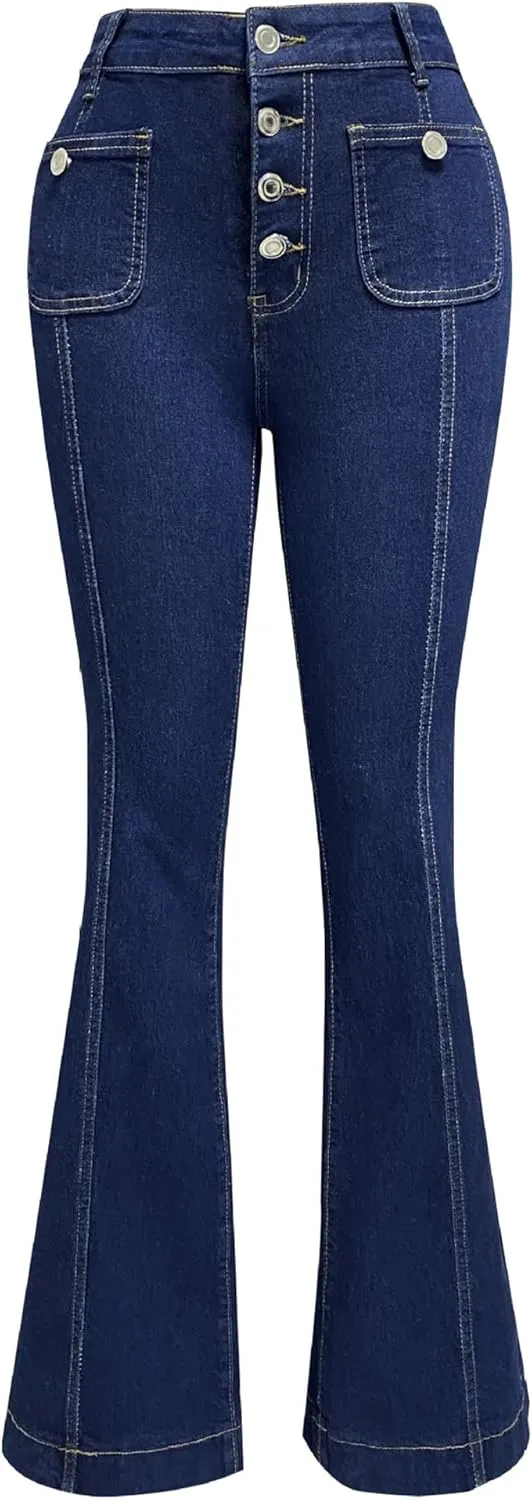 Women's High Waisted Jeans Wide Leg Button Fly Bell Bottoms Flared Stretch Denim Pants