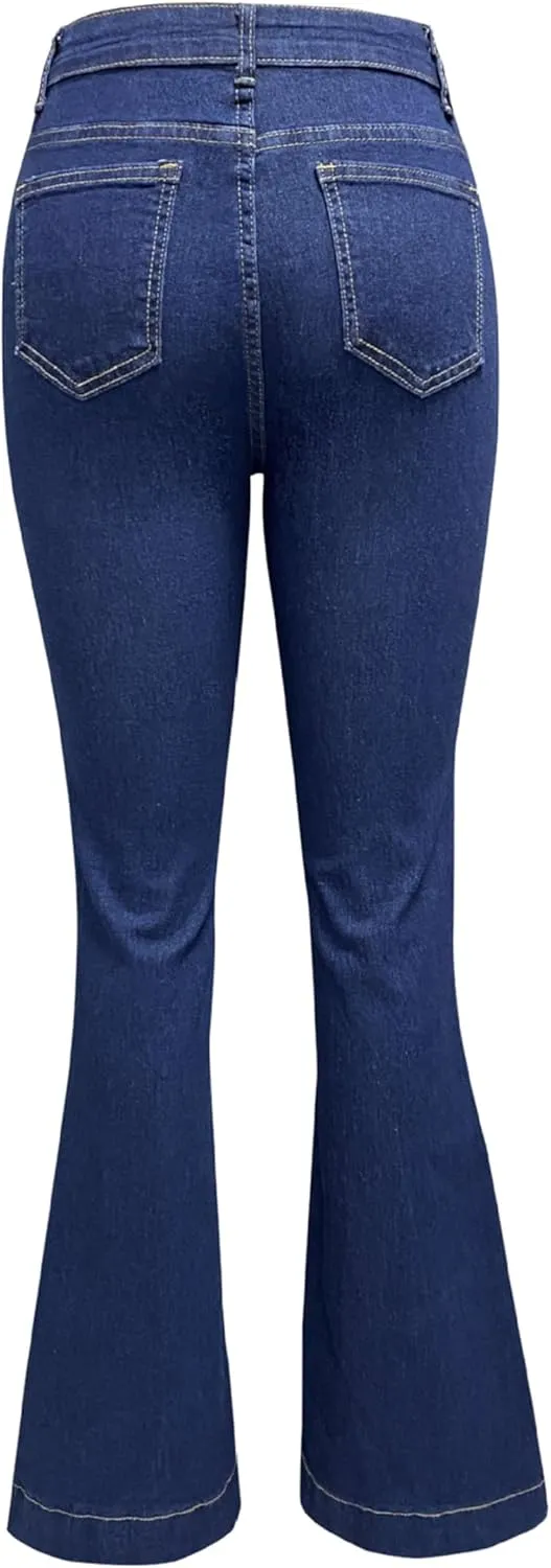 Women's High Waisted Jeans Wide Leg Button Fly Bell Bottoms Flared Stretch Denim Pants