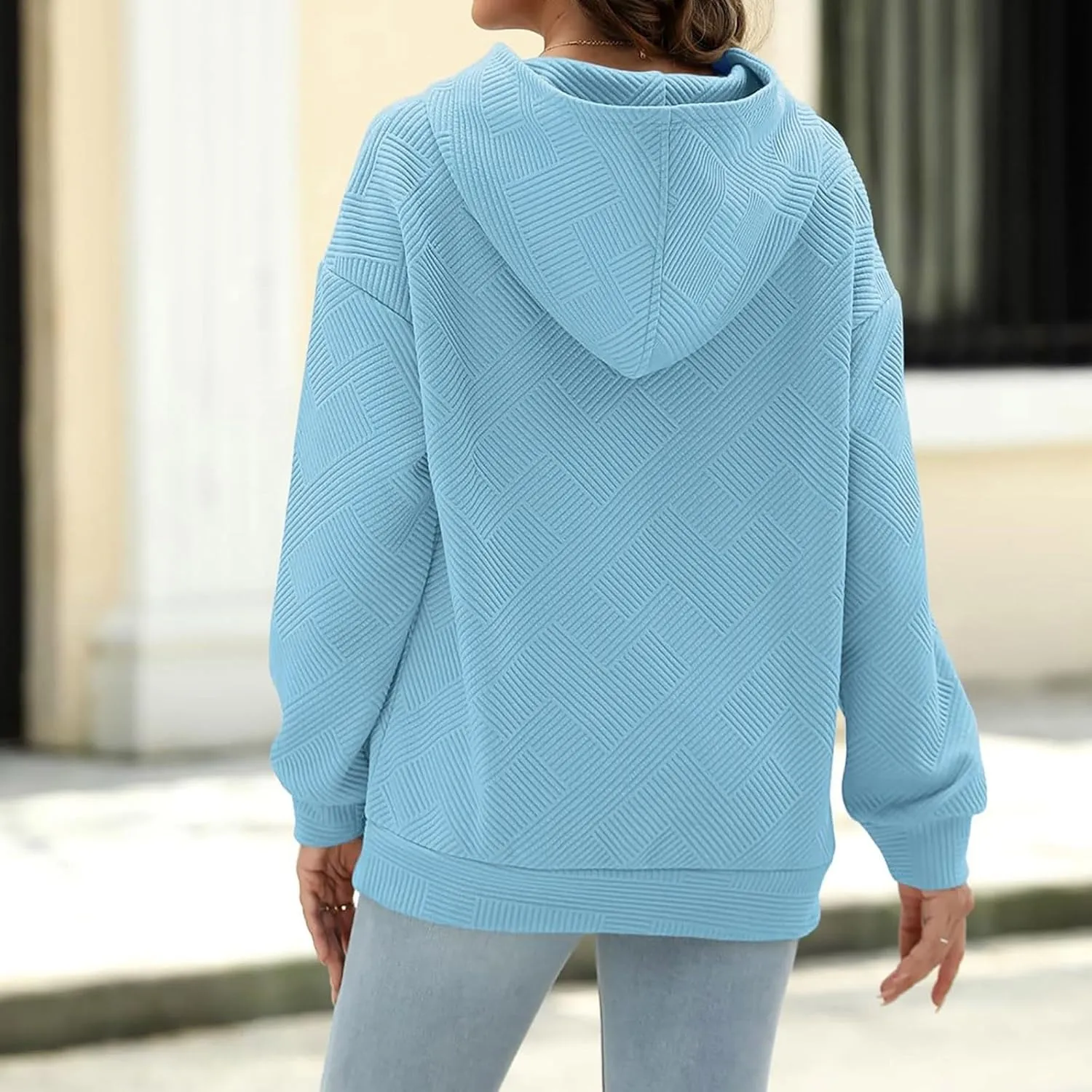 Women's Jacquard Stripe Hoodies with Pockets Workout Sweatshirts Loose Fit Fashion Solid Color Hooded Pullover Tops