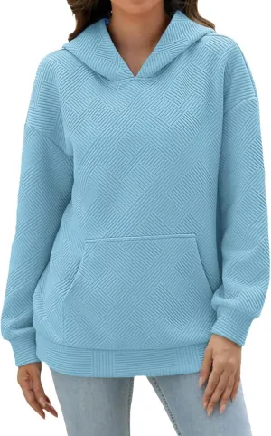 Women's Jacquard Stripe Hoodies with Pockets Workout Sweatshirts Loose Fit Fashion Solid Color Hooded Pullover Tops