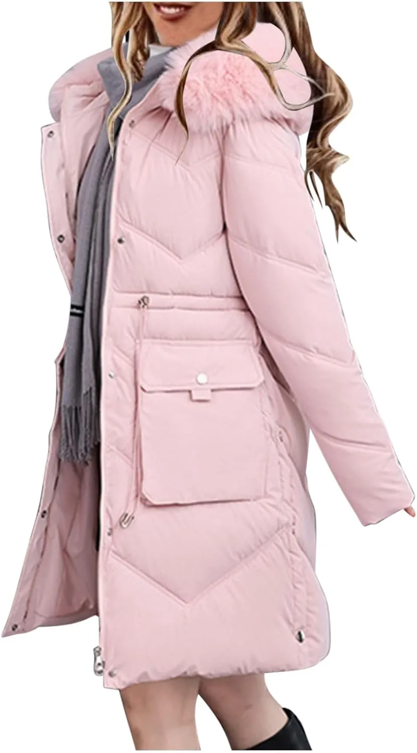 Womens Long Quilted Jackets Plus Size Thicken Winter Coats Hooded Lightweight Puffer Jackets Warm Down Coats Outerwear